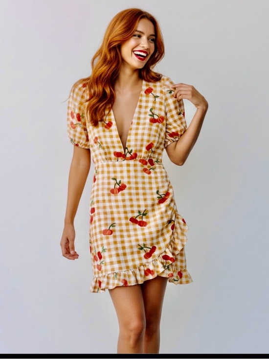 FARM Rio Dresses & Skirts - ⭐️HP ⭐️ FARM RIO Gingham Cherry Print Puff Sleeve Minidress
